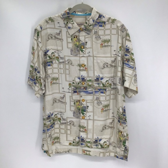 Tommy Bahama 100% Silk Men’s Hawaiian Print Beach Resort-wear Shirt Size Medium - Picture 1 of 8